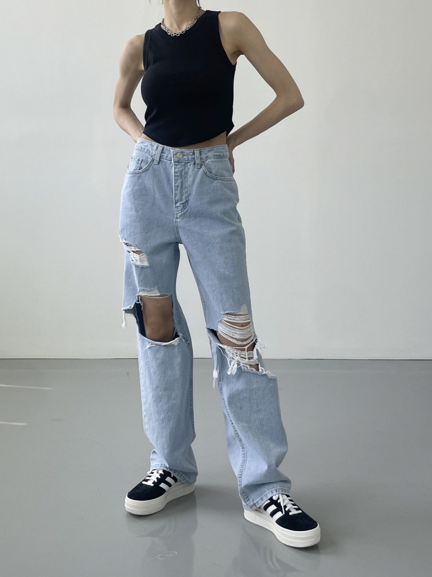 워싱 일자 찢청 연청 찢어진 청바지 : 더패션걸