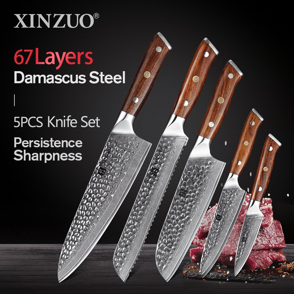 다마스커스 칼 쉐프 Xinzuo 5 pcs 나이프 세트 강철 빵 유틸리티 santoku : 부라더 마켓
