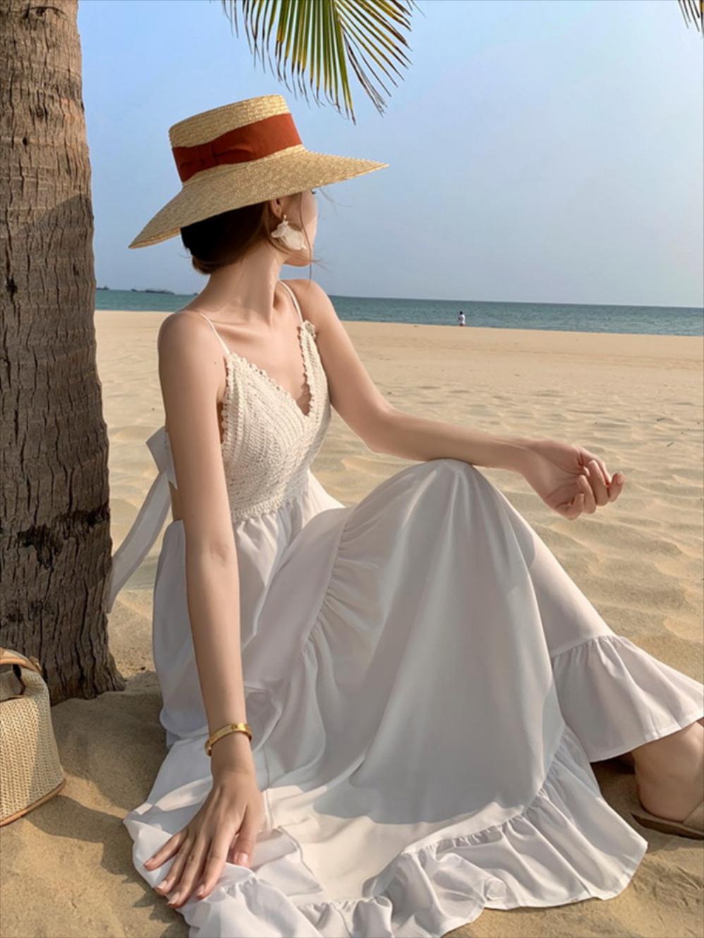 화이트 허리 라인 원피스 삼아 여행 사진 여름 해변 휴가 롱 스커트 오픈 백 서스펜더 : 하이제너