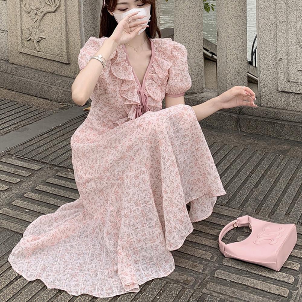 노란색 끈 포인트 원피스 넥 꽃 퍼프 슬리브 여름 티 청순 페어리 옐로우 해변 휴가 비치 : 핑핑샵