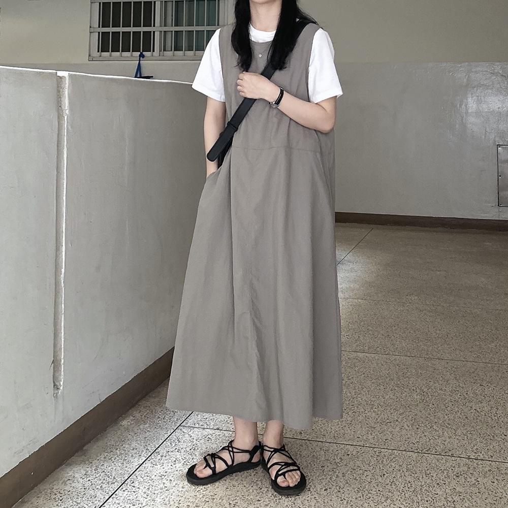 여성 여름 시원한 루즈핏 레이어드 나일론 바스락 민소매 나시 주머니 롱 원피스 화이트 : 오브드코지
