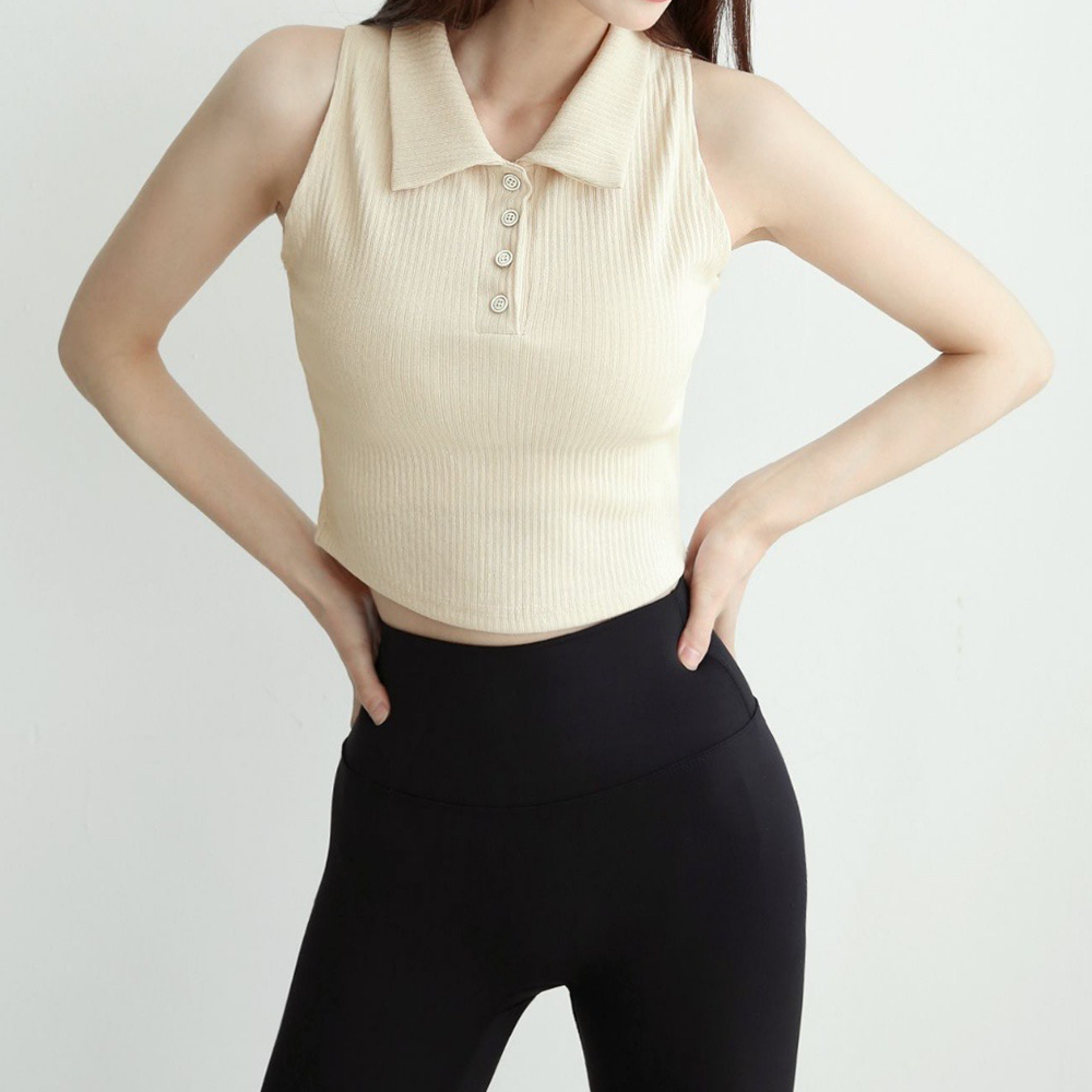 필라레라 카라 필라테스 상의 요가복 민소매 단추 커버업 필라테스복 크롭티 운동복 폴웨어 : 필라레라