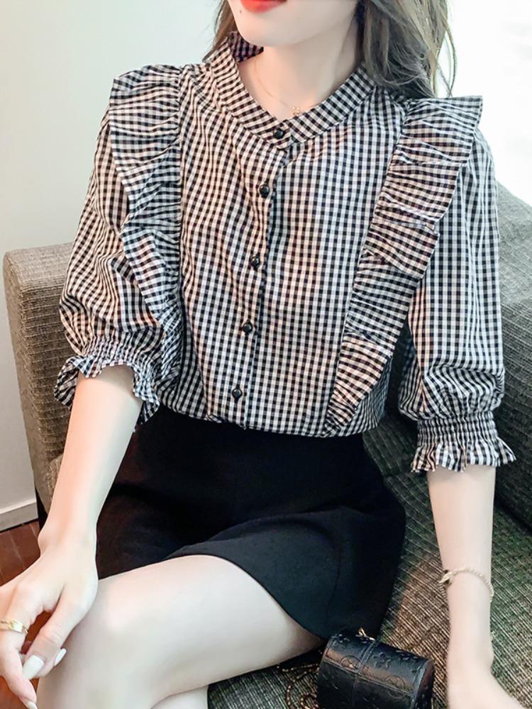 여자 체크 블라우스 퍼프 슬리브 체크 무늬 쉬폰 셔츠 숙녀복 여름 2023 새로운 프랑스 최고 디자인 감각 틈새 반팔 : 에어로샵