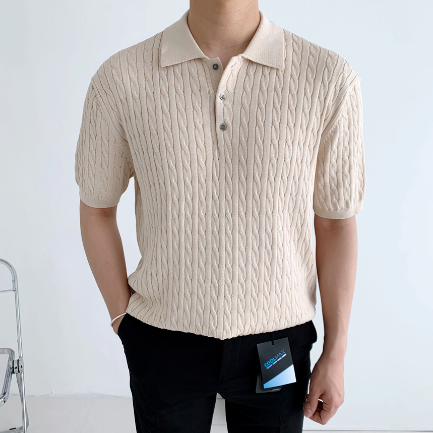 남자 꽈배기 반팔 니트 카라티 케이블 에어쿨 남성 여름 니트 : 포앤유