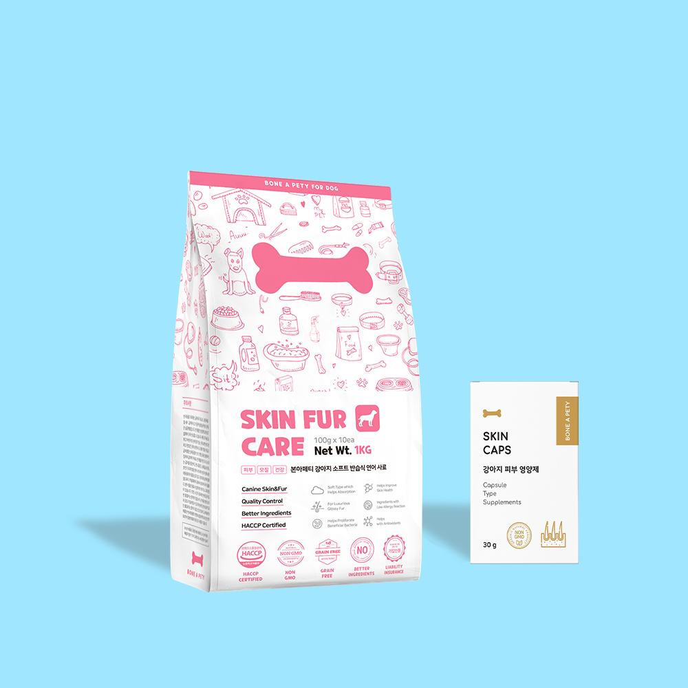 본아페티 강아지 피부 모질 연어 사료 스킨앤퍼케어 1KG+스킨캡스  영양제 60정 : 본아페티