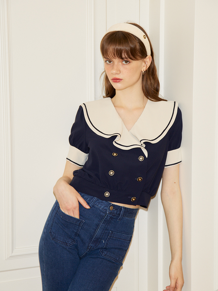 [살롱드욘] 숏 슬리브 러플 카라 랩 블라우스_ 네이비 [Short Sleeve Ruffle Collar Wrap Blouse_ Navy] : 살롱드욘