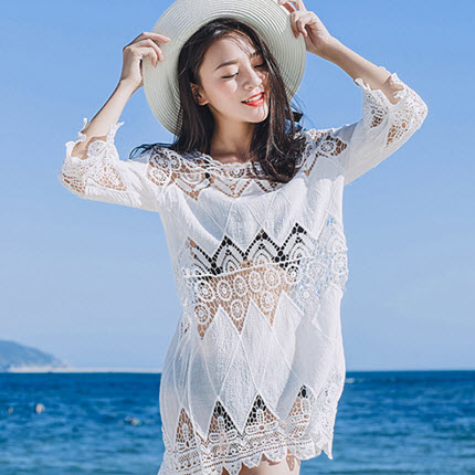 시스루 펀칭 비키니 커버업 여름 롱 펀칭 니트 망사 신행 비키니 체형 커버 : 유지상회