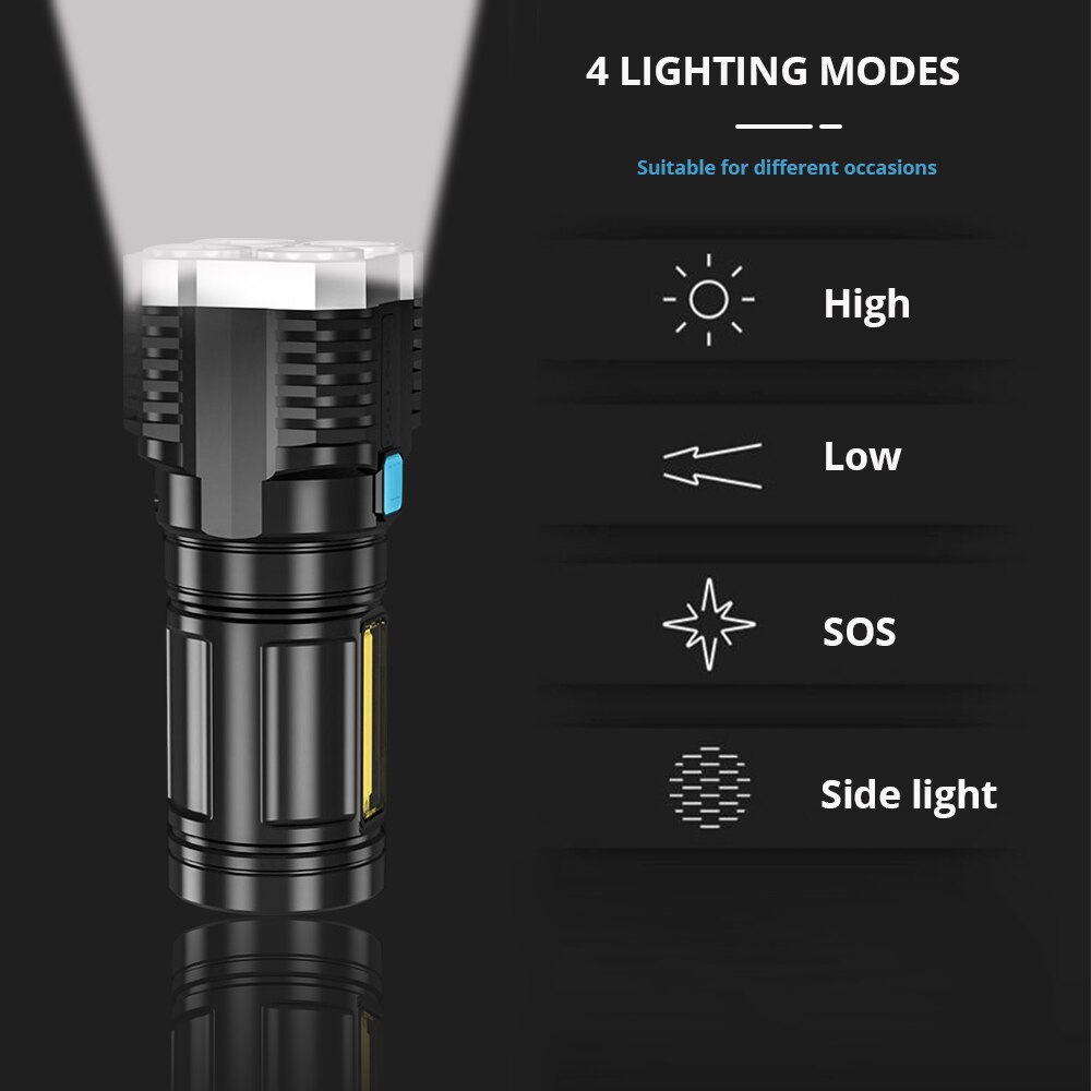 손전등 고출력 led 4 개의 램프 구슬과 cob 사이드 라이트 충전식 휴대용 후레쉬 : 지우단