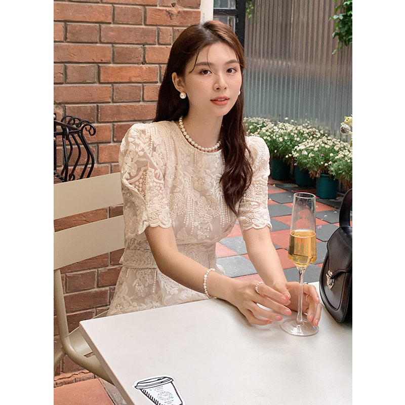 상견례원피스 여름 예복 자수 하객룩 결혼식 파티 모임 고급 반팔 원피스 드레스 : 퍼플캔들