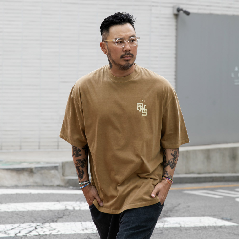 러기드하우스 : 그런지 워시드 오버핏 반팔티 카멜브라운 : 4XR