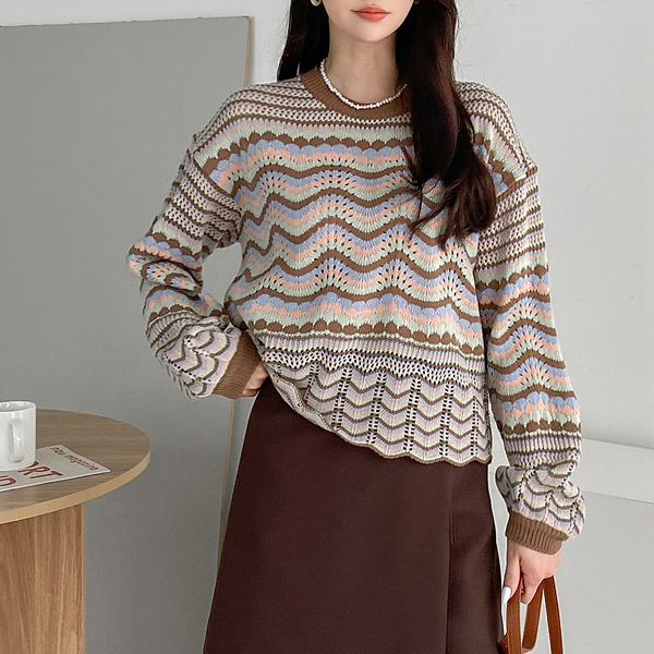 뜨개진 여성 루즈핏 펀칭 스카시 스칼럽 니트 리포션라운드 : 뜨개진