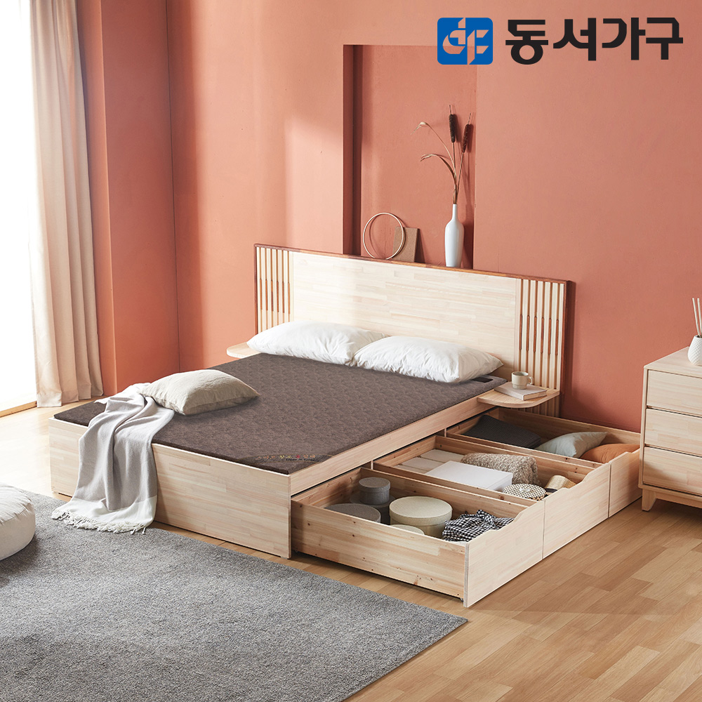 동서가구 토리 편백나무 대용량 서랍형 와이드헤드 수납 황토숯 흙 침대 퀸 Q DF642718 : 동서가구