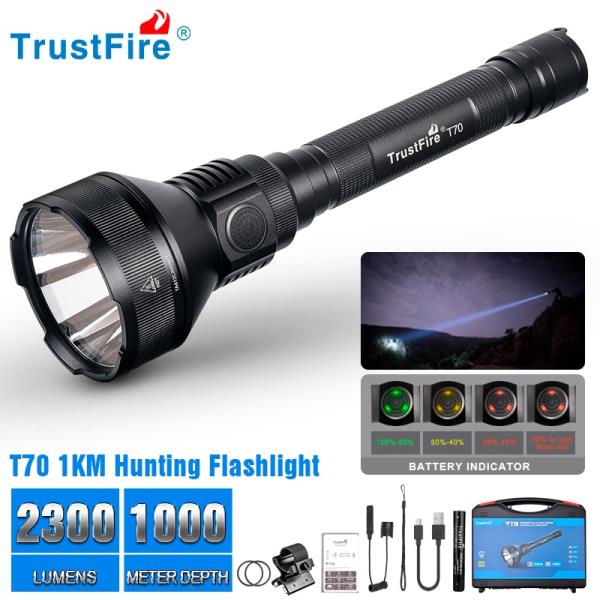 Trustfire 사냥용 강력한 손전등, 1000 미터 장거리 루멘, 2-스위치 18650, 고출력, LED 플래시 라이트, T70 : 여신사스토어