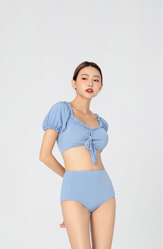 셔링 퍼프 반팔 탱크탑 하이웨스트 비키니 투피스 수영복 : 츄블레스유
