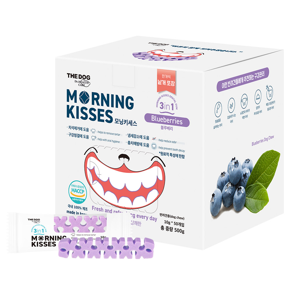 더독 치석 구취 제거 강아지껌 모닝키세스 블루베리, 500g, 1개 : 더독앤캣