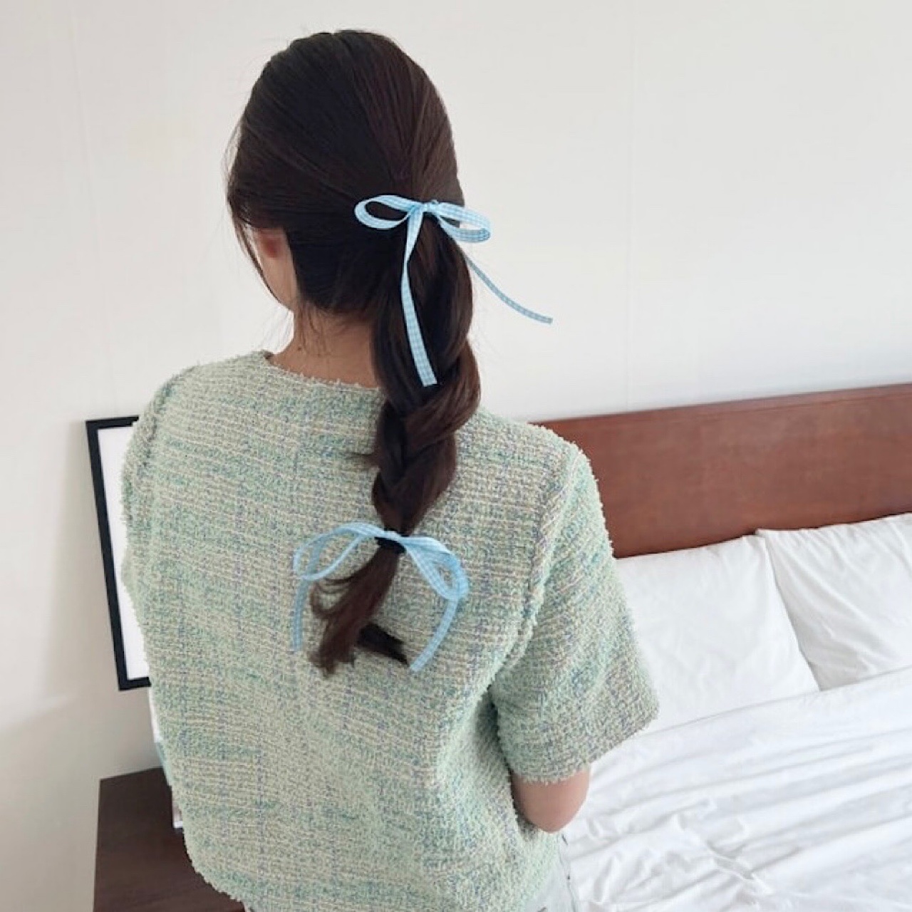 미니 체크 리본 머리끈 포니테일 2개세트 : 아이엠요나