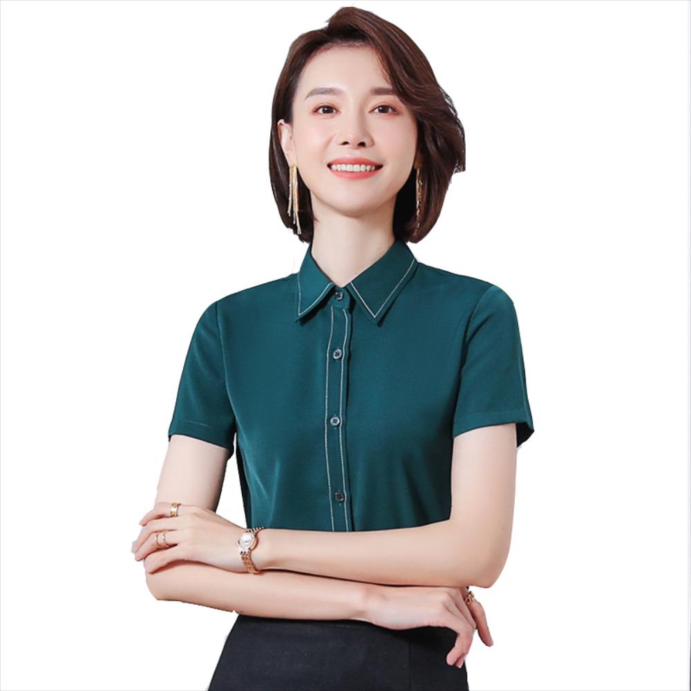 여성 실크 블라우스 반팔 셔츠 여름 드레이프 정장 원피스 옷깃 전문 흰색 블랙 : 수수SUSU