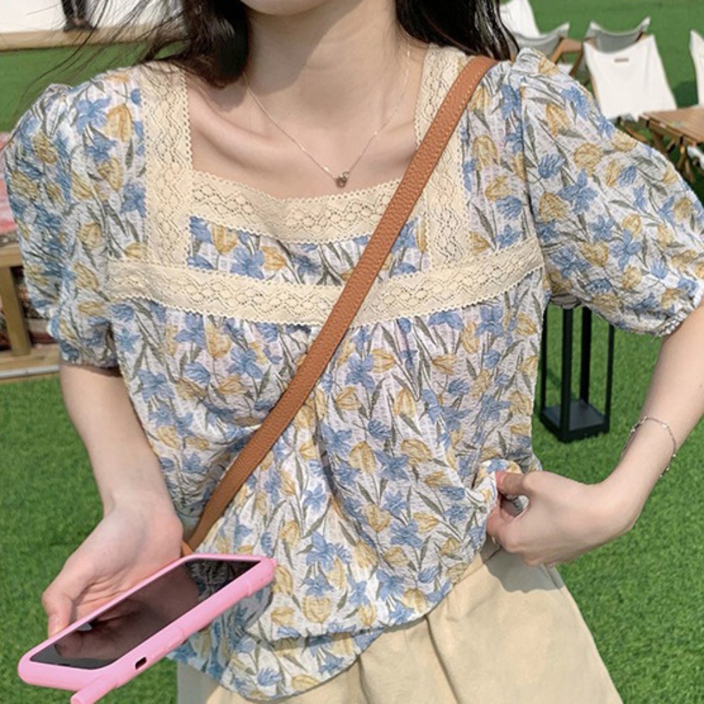 여자 플라워 꽃무늬 여름 예쁜 데이트 여행 룩 반팔 티셔츠 반팔티 블라우스 : 패션 레스토랑