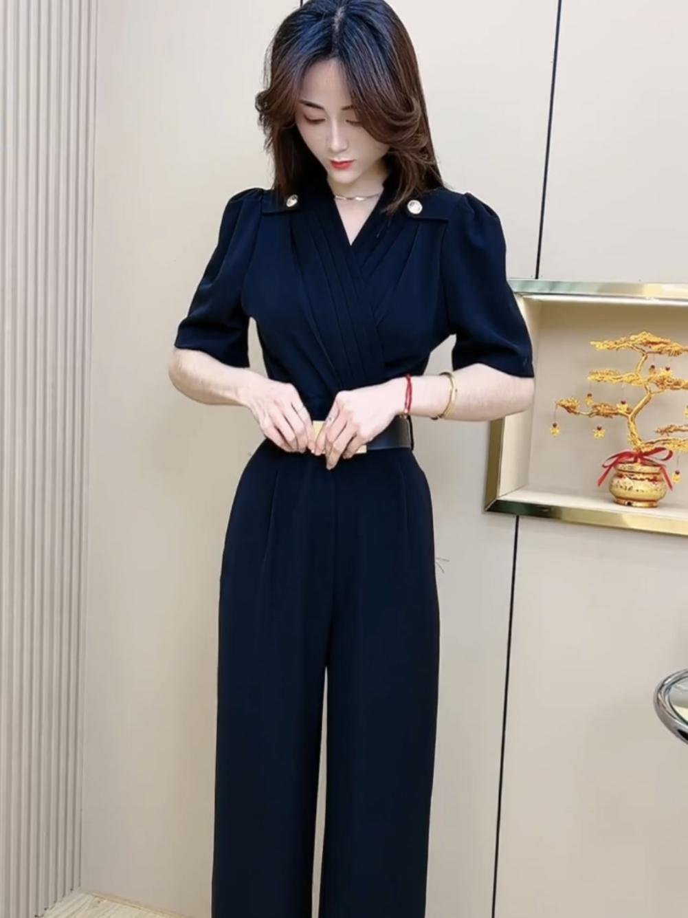 여름 점프수트 연예인 핫 슈트 블랙 넥 퍼프 슬리브 : 수수SUSU