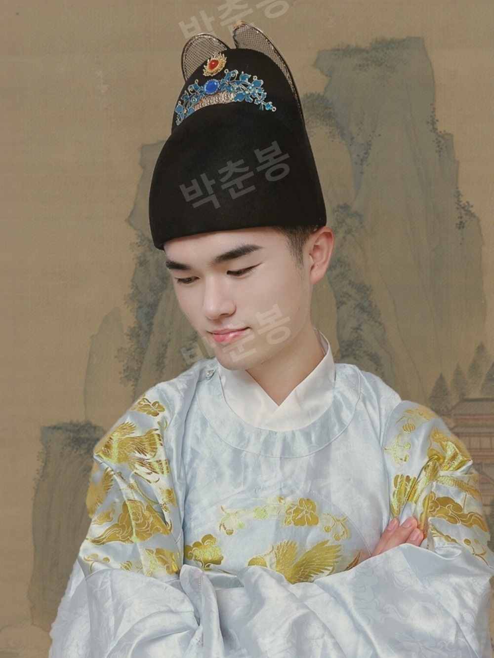 Luo Xiaofu Ming Zhiyi Shanguan 원래 검은 거즈 모자 접는 상단 수건 Hanfu 결혼식 고대 황제 모자 공식 모자 첫 번째 서비스 : 인업트