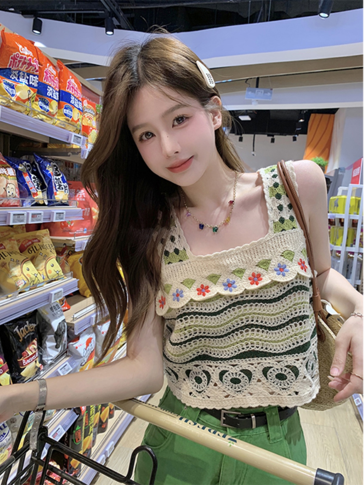 [판다샵] 여성 여름 펀칭 스퀘어넥 멜빵 니트 나시 티셔츠 짧은핏 섹시 민소매 티셔츠_pds1455 : PANDASHOP