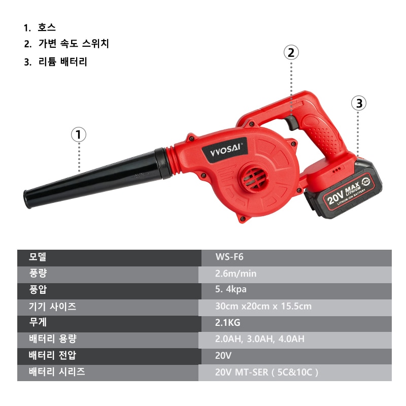 집진기 VVOSAI-20V 정원 무선 송풍기 진공 청소 공기 먼지 제거 컴퓨터 수집기 손 작동 전동 공구 : 시아직구몰