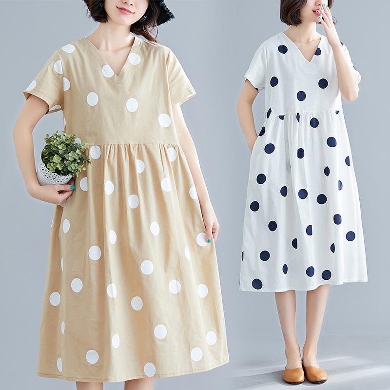 더 편한 옷 빅사이즈 도트 원피스 임산부 임신 임부복 여행 워터파크 계곡 피서 해변 바다 ootd 대형 린넨 도트  넥 드레스 여성 여름 신작 문학... 