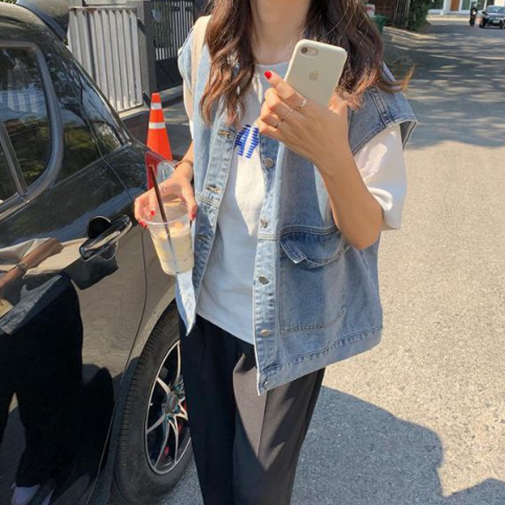청조끼 데님베스트 여성 박스핏 사계절 아우터 캐주얼룩 : 제이엔엘뷰