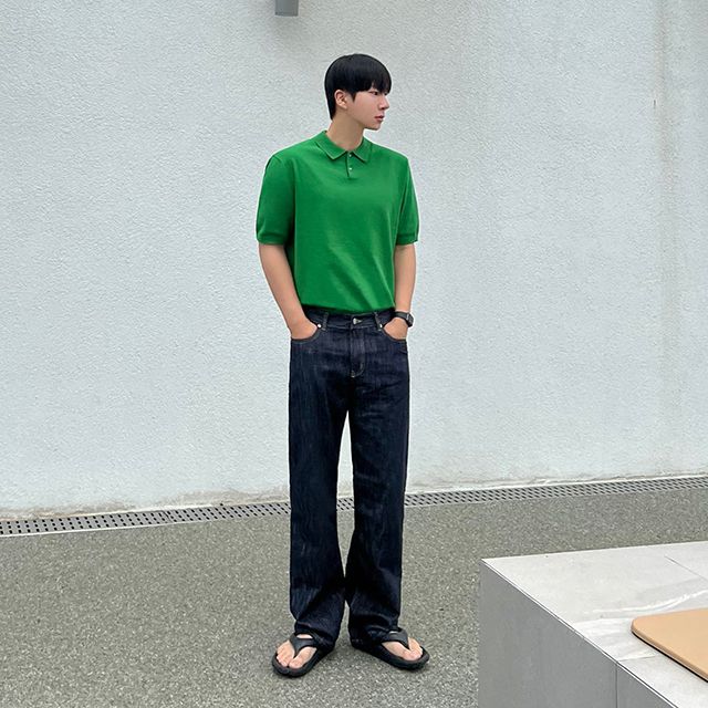 Mo 175 남자 데일리 사계절 슬라브 생지 세미 워싱 와이드핏 데님 바지 팬츠 청바지 : QSS