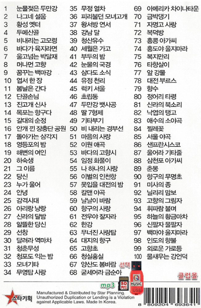 SD 추억의 옛날노래 오리지날 100곡 효도라디오 mp3 트로트 김정구 백년설 배호 현인 : 클럽몰