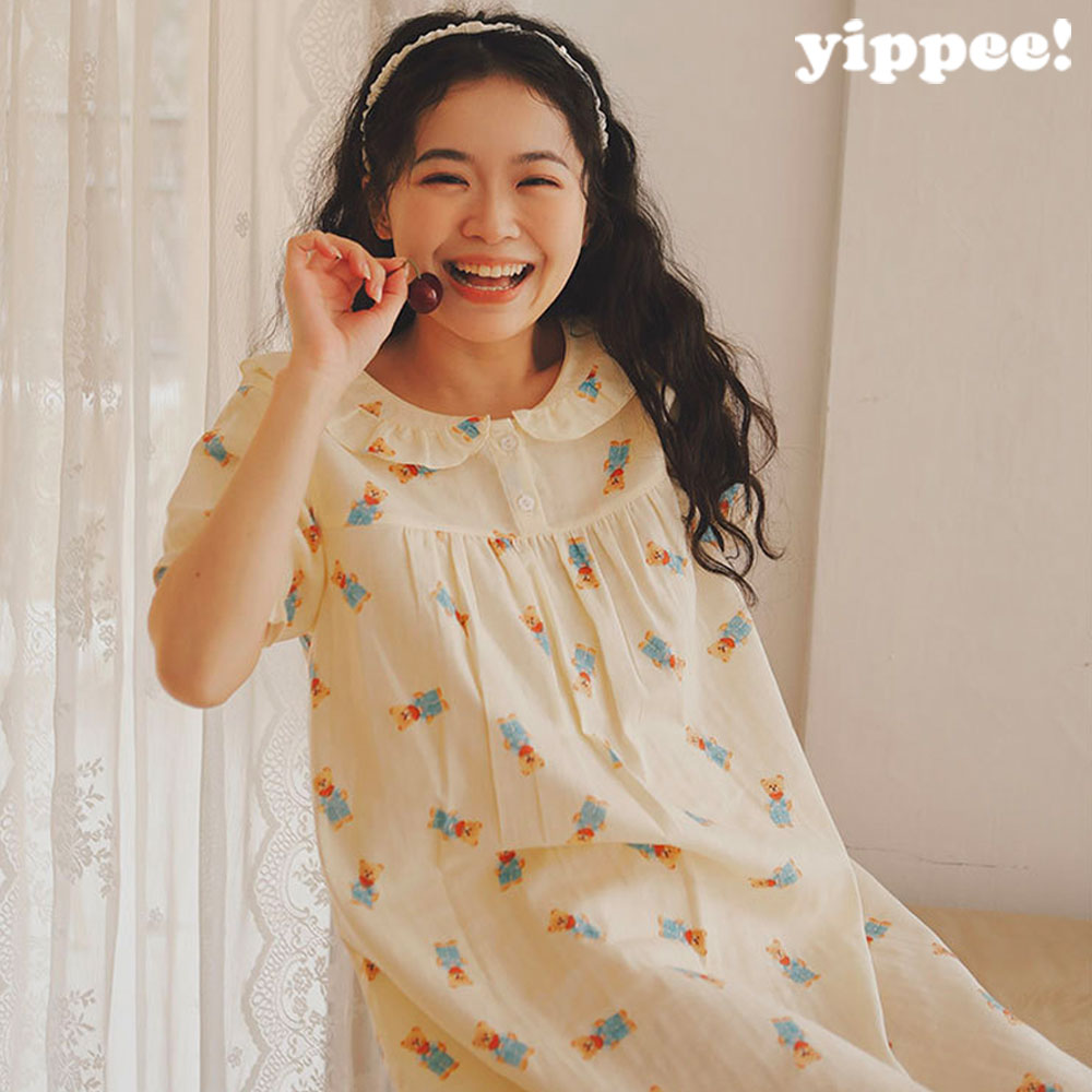 여자 곰돌이 반팔 원피스 파자마 잠옷 여름용 겨울용 시원한 선물 순면 편한 중고등학생 : 이삐 yippee