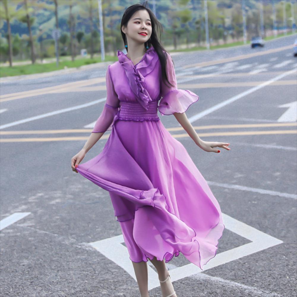 프릴 스타일 5부 소매 원피스 비치 스커트 보라색 여름 롱 시폰 트럼펫 슬리브    페어 : 보스톤언니