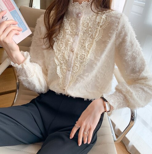 여자여자몰 엔틱자수 깃털플라워 봄긴팔블라우스 간절기 반투명시스루블라우스 : 여자여자몰