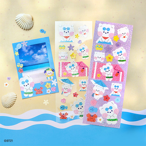 BT21 썸머스카이 홀로그램 다꾸 폴꾸 클리어 스티커 알제이 : 주식회사 쏠커머스