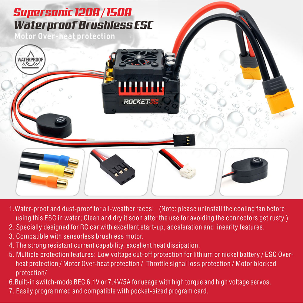 로켓 RC V2 초음속 45A 60A 80A 100A 120A 150A ESC 방수 브러시리스 속도 컨트롤러 1/8 1/10 1/7 자동차용 부품 : 매일유통03