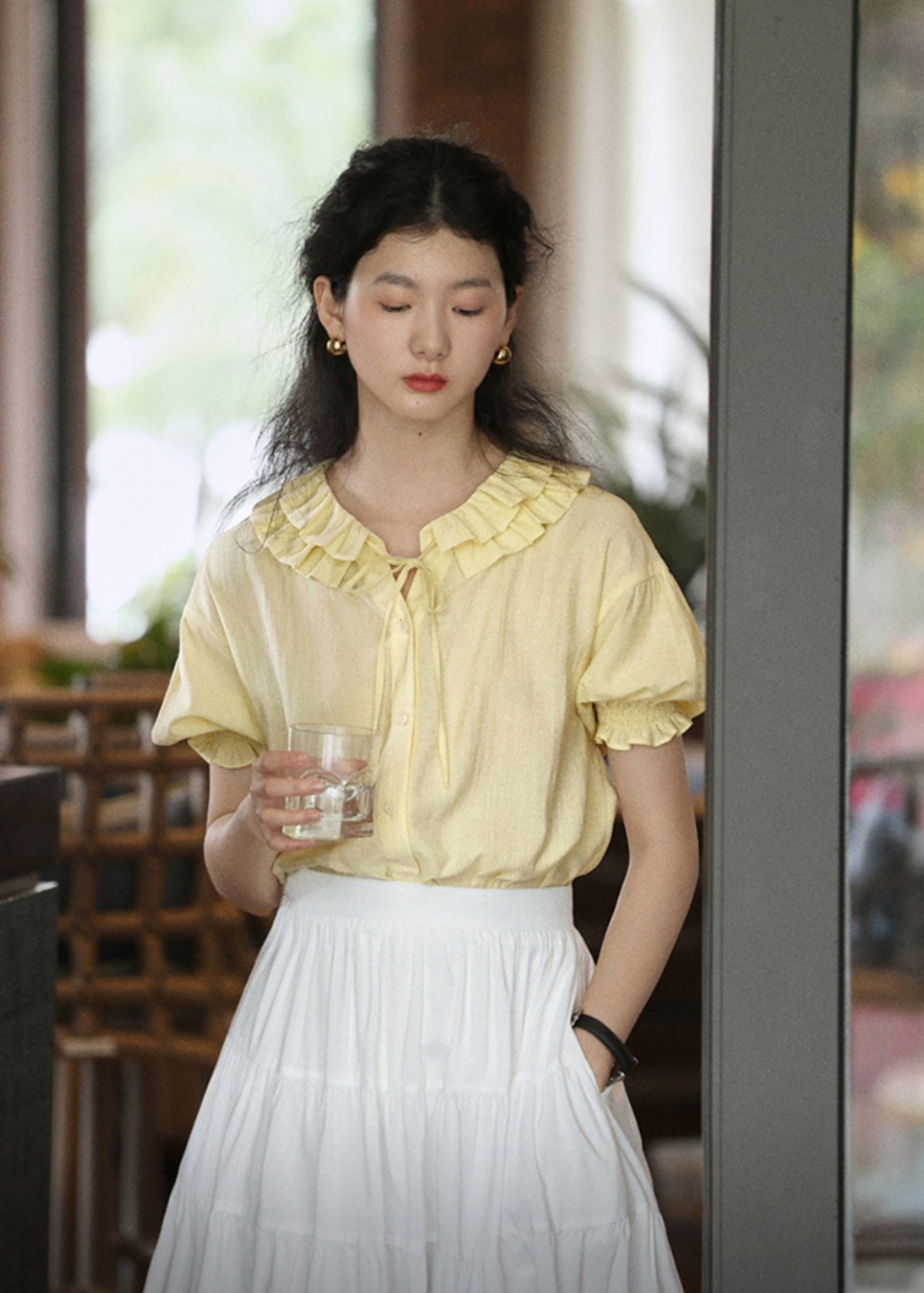 옐로 블라우스 라운드 퍼프프릴 소매 여성 셔츠 : 루시의별디자인