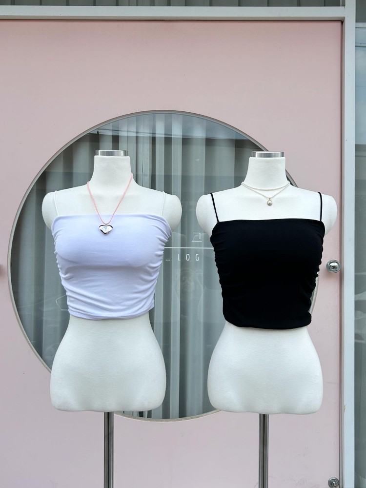 노멀 옆 셔링 스판 글램 크롭 캡 끈 나시 : 연로그