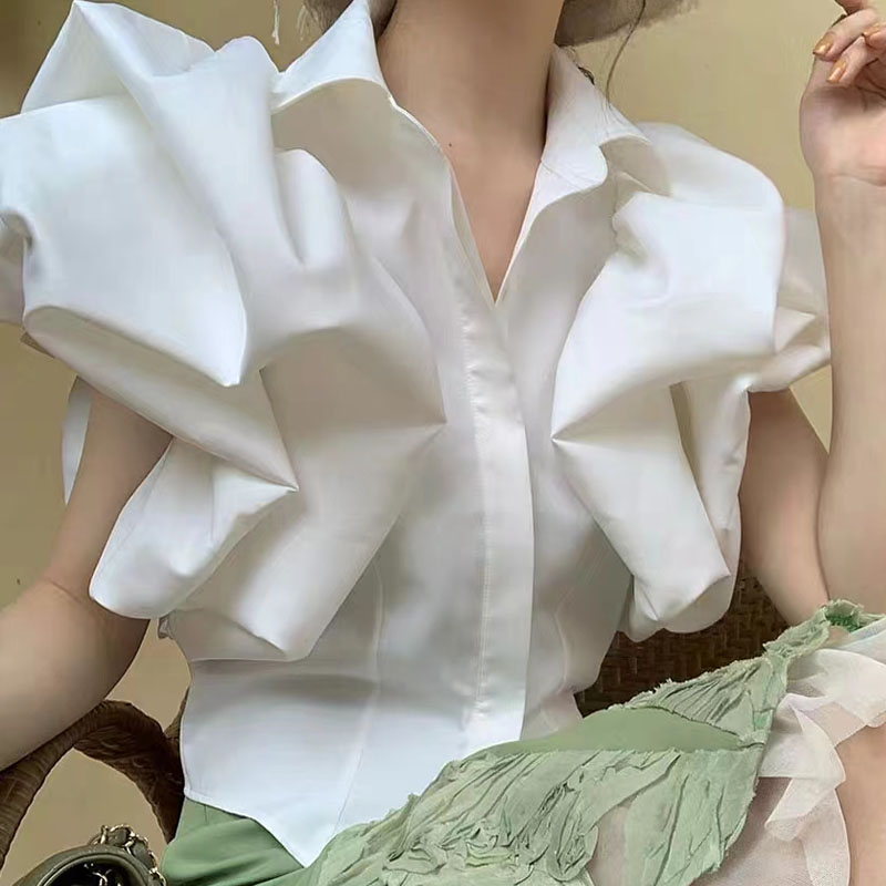 여성 여름 화려 블라우스 반팔 화이트 파워숄더 세련 셔츠 : 송상 한약방