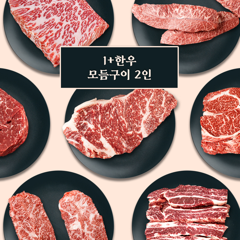 1+등급 한우 모듬구이 한판 2인 (등심 부채살 업진살 갈비살 ) : 고기한점