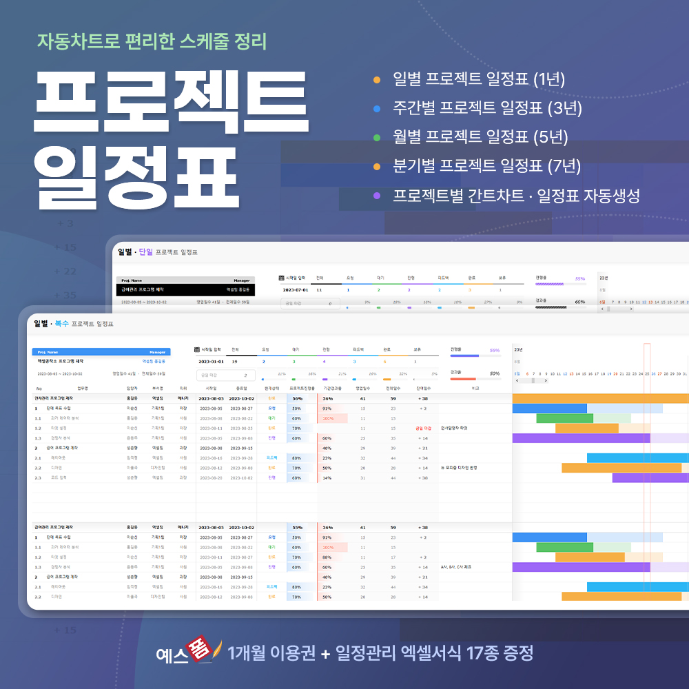 엑셀 템플릿 8종(스케줄표, 업무관리, 일정관리, 간트차트, 일(1년) · 주(3년) · 월(5년) · 분기(7년) 주기 타임라인, 진행률 표시) : 엑셀공작소