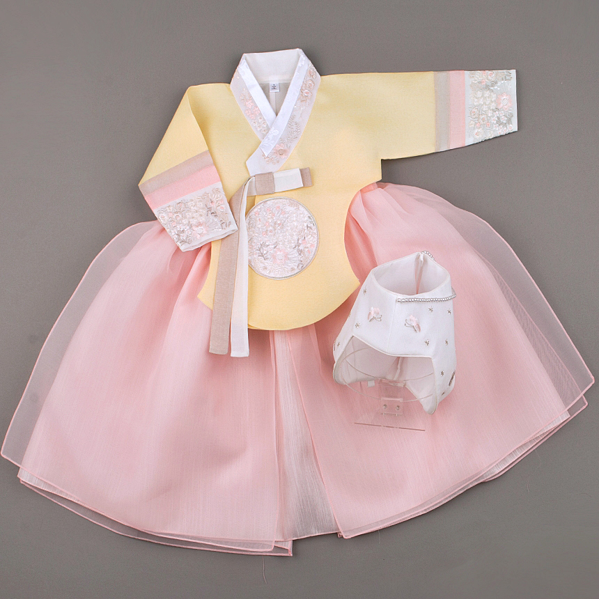 [여아한복] 아동 초등 중학생 주니어 돌한복 끝동수연노랑당의 핑크날개치마 : 미연한복