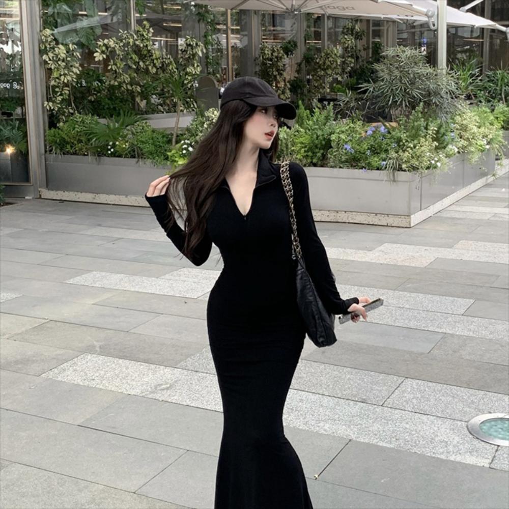 랩 스타일 원피스 여자 옷깃 지퍼 가을 긴팔 힙 스커트 원스텝 피쉬 테일 : 덴마크시골언니