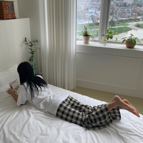 찰랑 편안한 체크 여성 남성 신혼 커플 잠옷 밴딩 바지 홈웨어 파자마 실내복 1+1+1 : WHERE U