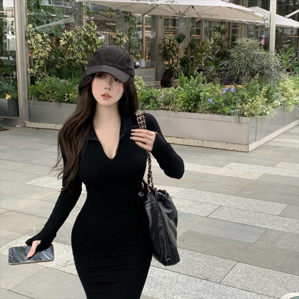 랩 스타일 원피스 여자 옷깃 지퍼 가을 긴팔 힙 스커트 원스텝 피쉬 테일 : 덴마크시골언니