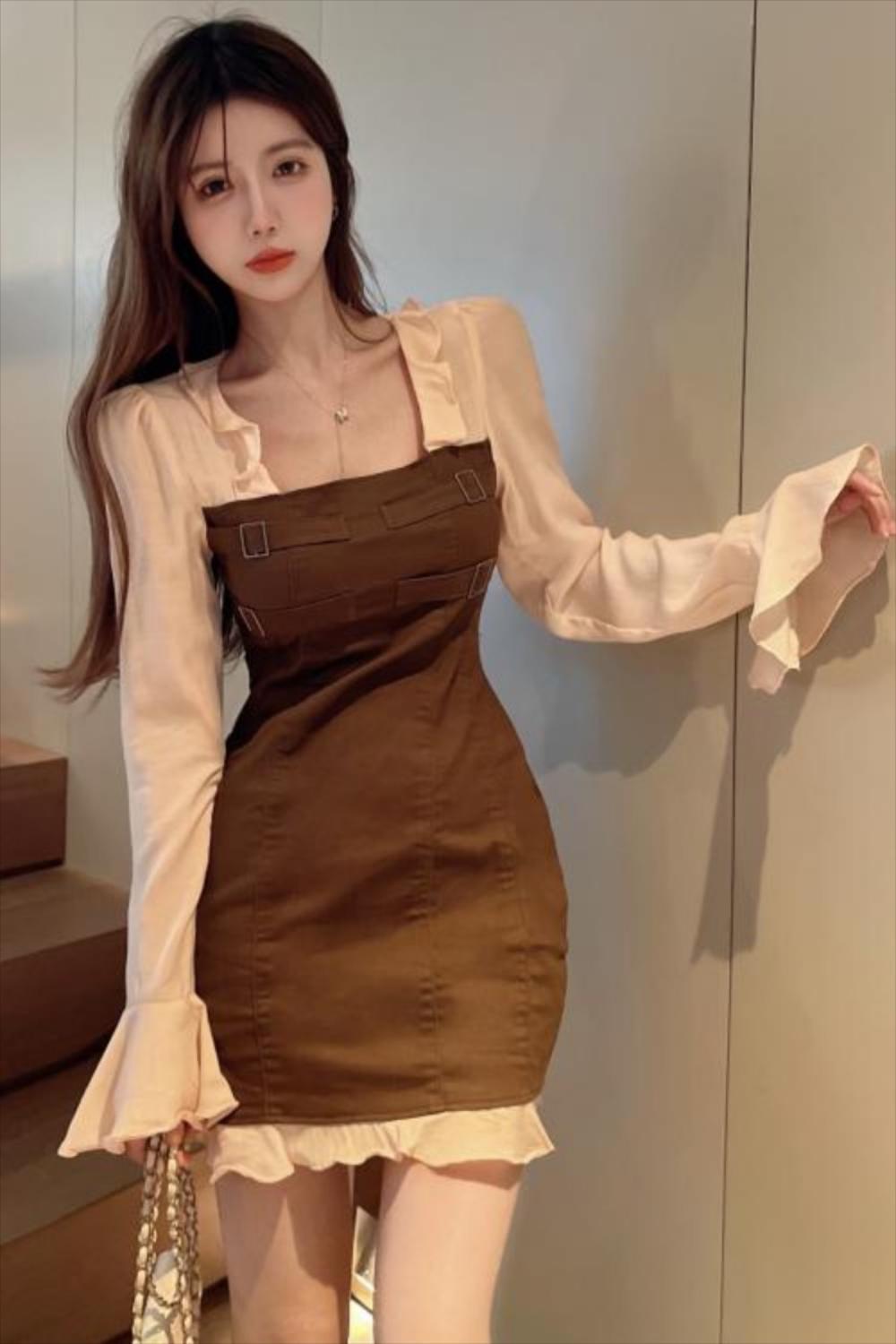 가을 미니 원피스 배를 가려주 욕구러플 가령 슬리밍,하 프렌치긴팔,스퀘어 : 덴마크시골언니