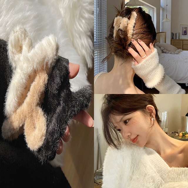 라지 퍼 꼬임 집게핀 헤어집게핀 밍크 털 겨울 올림머리 반묶음 반머리 : 소로르리즈