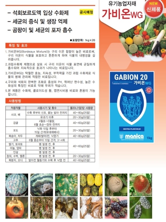 석회보르도액 가비온보르도 1kg 입제 과립형수화제 천공 오갈 무름 갈반 흰가루 화상 사과 인삼 과수 월동비료 가비온입제 : 농사의신 씨앗백화점