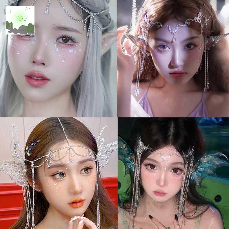 나비 액세서리 스팽글 펜던트 태슬 헤어 이마 비즈 머리띠 요정 장식 신부 큐빅 : HILLZO-LYU
