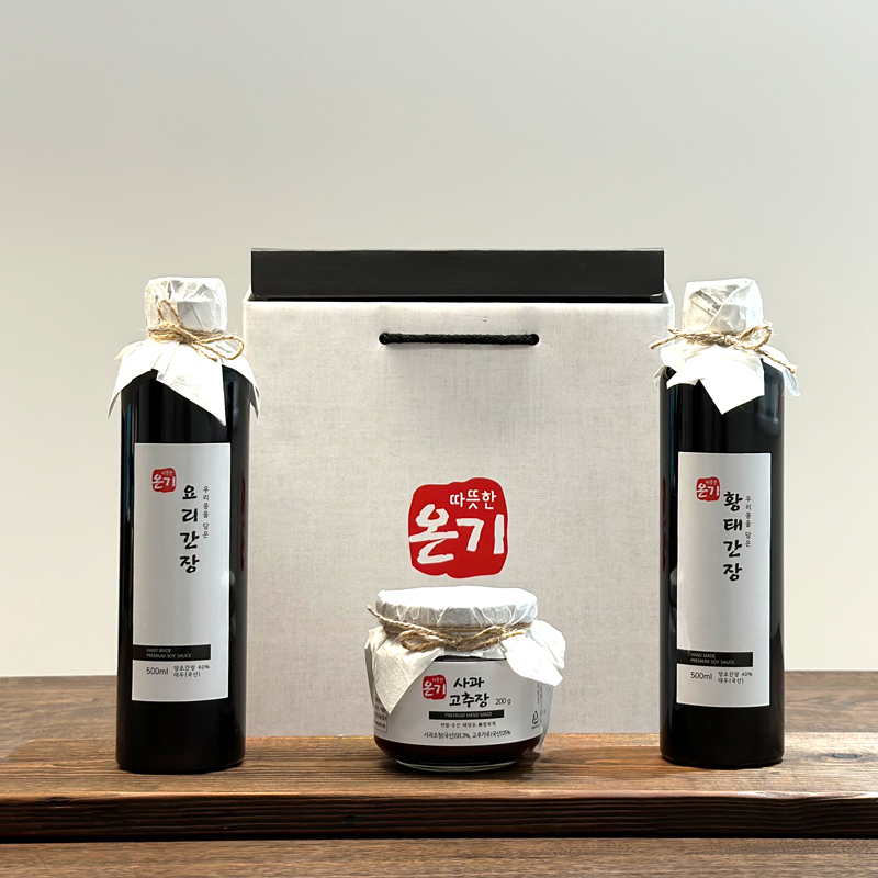 [프리미엄][국산콩]온기 간장,고추장 선물세트 (요리간장500ml+황태간장500ml+사과고추장200g+선물상자) : 자연을닮은우리아이밥상뽀뽀뜨