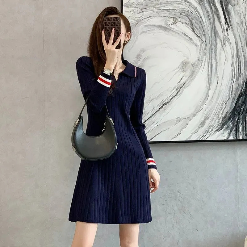 가을 롱 니트 원피스 하객룩 휴양지 드레스 여성용 여성 미니 빈티지 숏 블루 겨울 루즈 : 라포제샵